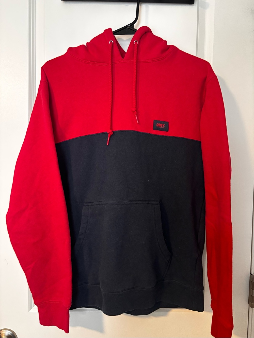Y2K Vintage Obey Men's Red and Dark Navy Cotton Pullover Hoodie with Patch Logo